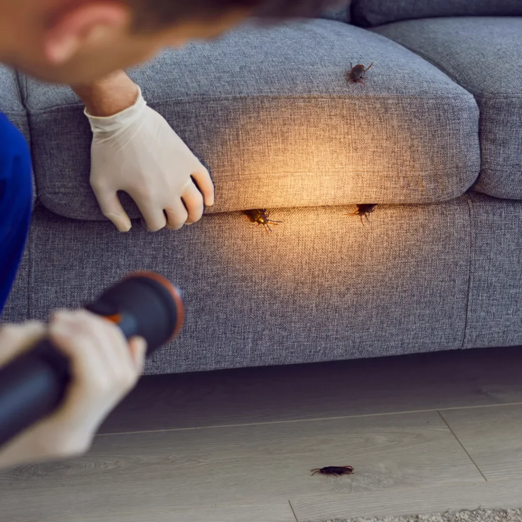 Man discovering cockroaches under couch cushions