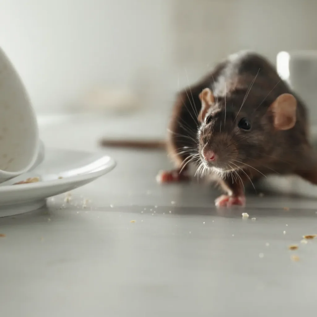 Rat scurrying across a kitchen countertop
