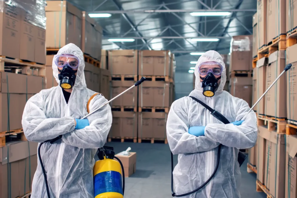 Licensed pest control professionals servicing a commercial warehouse facility