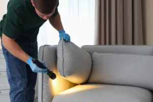 Pest control professional inspecting a couch with flashlight for hidden insects
